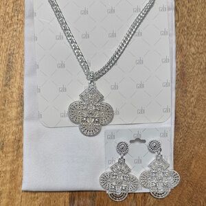 CAbi Silver Filigree Pendant Necklace & Drop Earrings Set